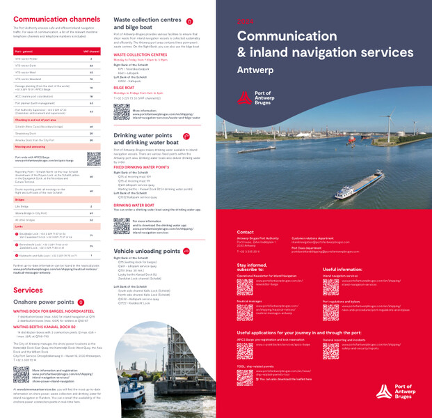 In this handy folding map with services for inland shipping you will find the locations of the waste collection centres, vehicle unloading points, onshore power supply points and drinking water points. In addition to the contact details of the drinking water boats and bilge boat, this port map also contains all communication channels within the port.