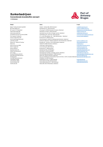 This list contains all bunkering companies for conventional fuels for maritime shipping in the Antwerp port area. (Dutch only)