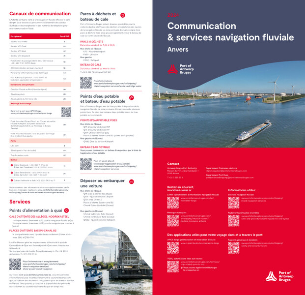 Sur cette carte pliante pratique avec des services pour la navigation fluviale, vous trouverez les emplacements des parcs à déchets, des parcs de stationnement, des points d'alimentation à quai et des points d'eau potable. En plus des coordonnées des bateaux d'eau potable et du bateau de cale, cette carte du port contient également tous les canaux de communication au sein du port.